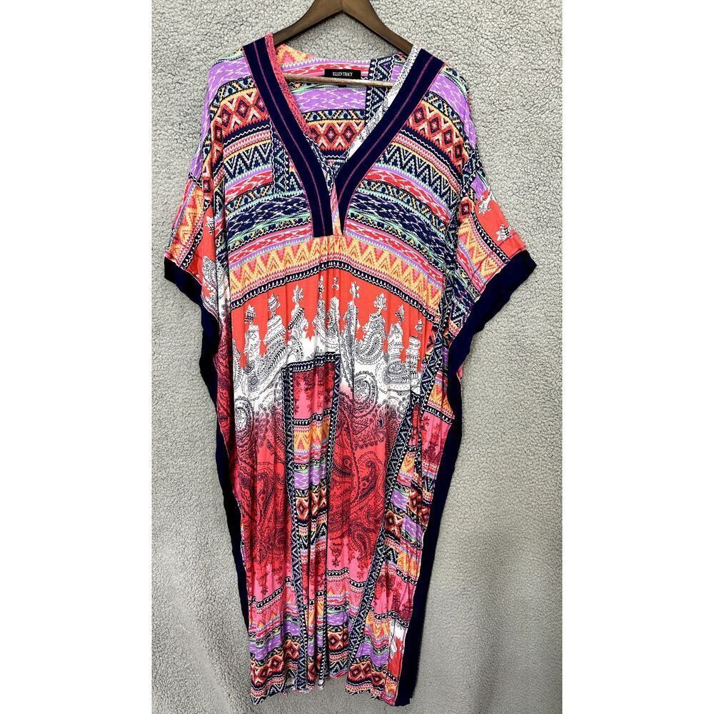 Ellen Tracy Kaftan maxi dress womens 1X multicolor geometric art boho fairy